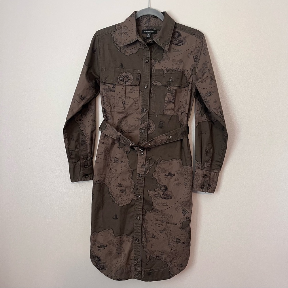 Banana Republic Map Print Safari Belted Button Front Utility Shirt Dress Green - Picture 2 of 8